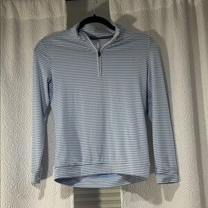 johnnie-O Light Blue and White Striped Quarter Zip Performance Top